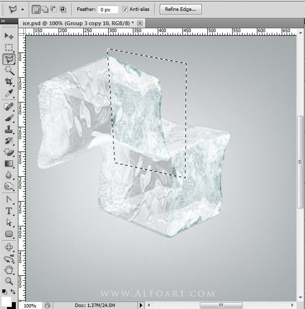 Ice cube 3D photoshop tools tutorial. 3D scene ice cube and cherry inside, ice txture effect in photoshop, ice reflection, 3D rendering, 3D light effects, realistic ice effectt, winterphotoshop  ideas